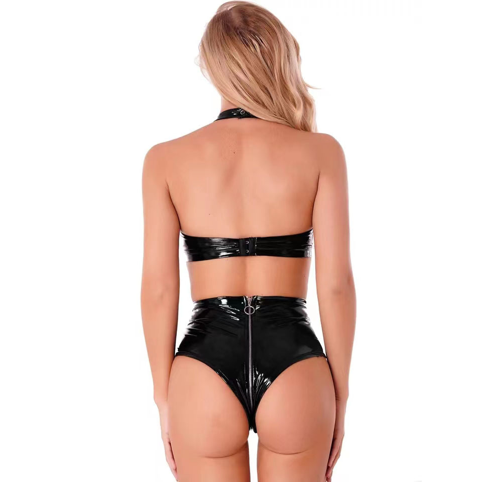 Sexy Black Shiny Pu Latex Leat - Plunge Bra Push Up ulasan dan harga